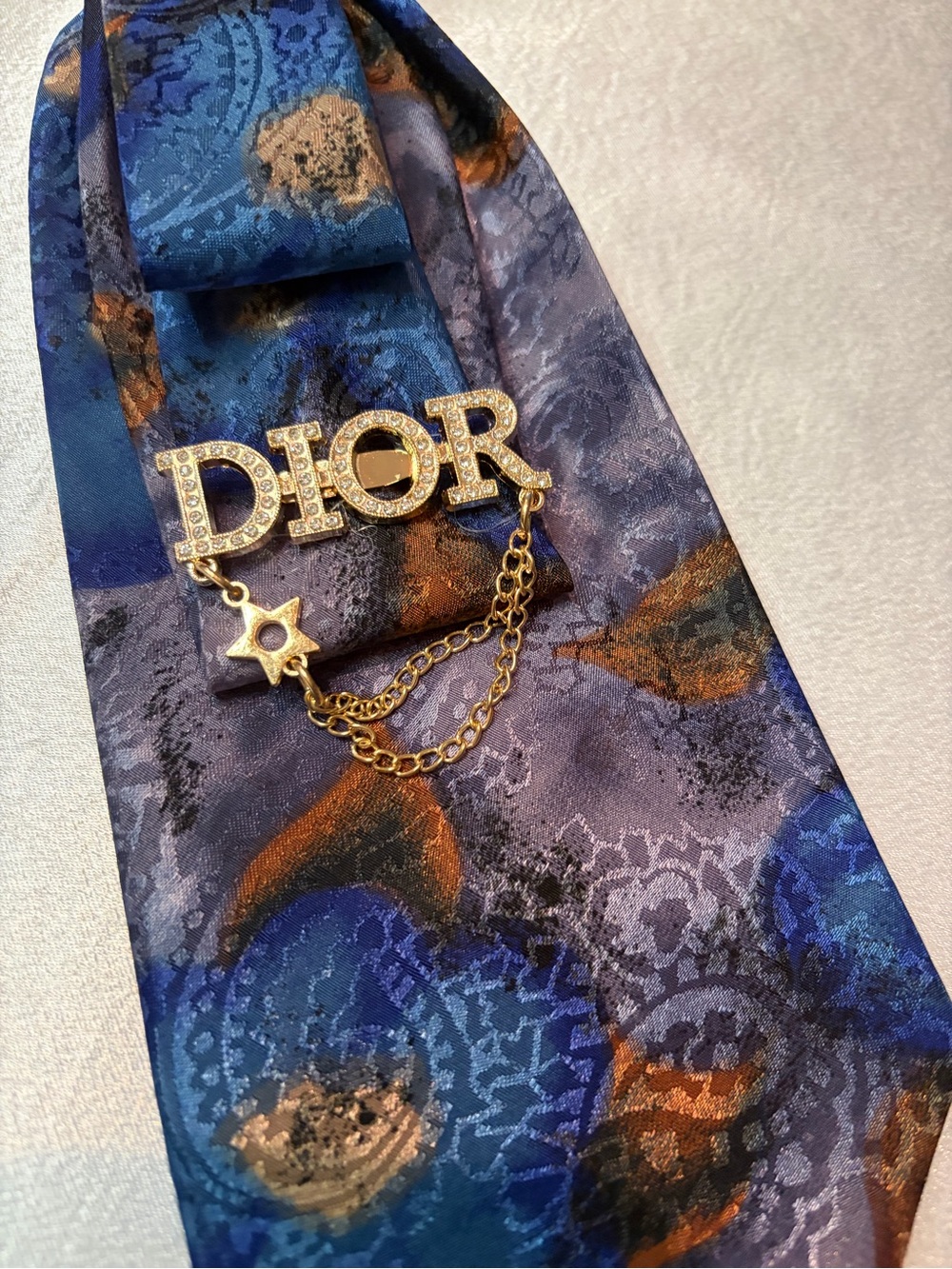 Dior Navy and Gold Floral Silk Tie Necklace with Gold Dior Pin - Picture 4 of 4